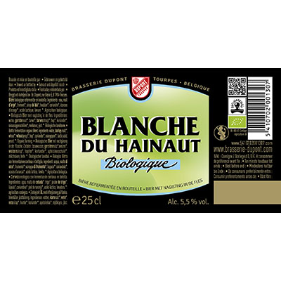 5410702001307 Blanche du Hainaut Bio<sup>1</sup> - 25cl Biologish bier met nagisting in de fles (controle BE-BIO-01) Sticker Front